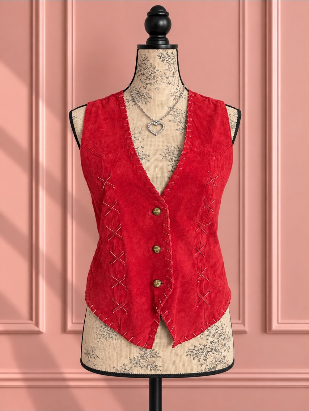 Vintage Red Suede Vest with Lace-Up Details Size L
